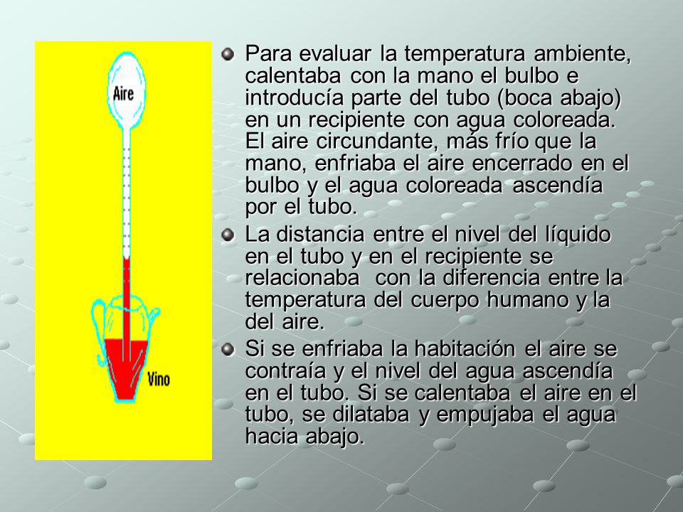 Para evaluar la temperatura ambiente, calentaba con la mano el bulbo e introducía parte del tubo (boca abajo) en un recipiente con agua coloreada. El aire circundante, más frío que la mano, enfriaba el aire encerrado en el bulbo y el agua coloreada ascendía por el tubo.