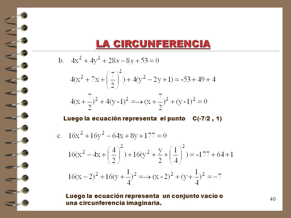 LA CIRCUNFERENCIA Luego la ecuación representa el punto C(-7/2 , 1)
