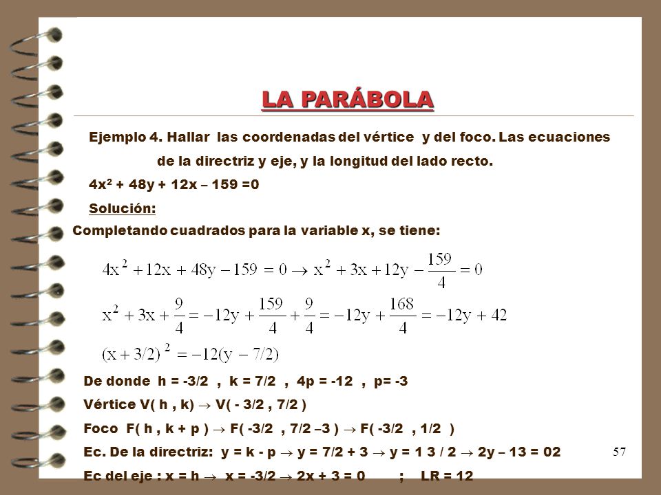 LA PARÁBOLA Ejemplo 4. Hallar las coordenadas del vértice y del foco. Las ecuaciones. de la directriz y eje, y la longitud del lado recto.
