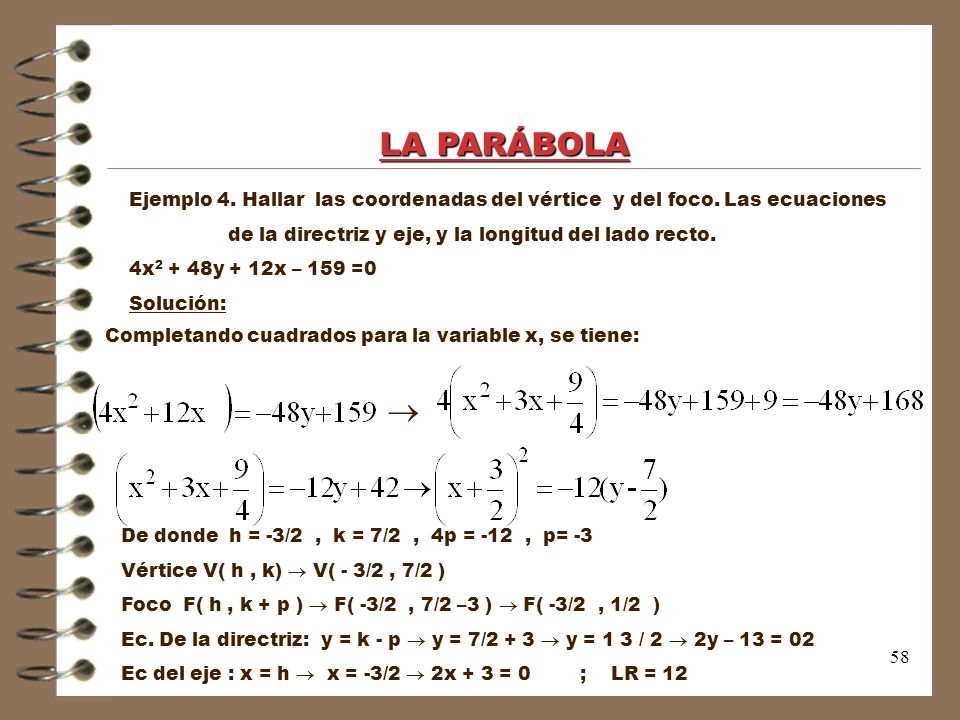 LA PARÁBOLA Ejemplo 4. Hallar las coordenadas del vértice y del foco. Las ecuaciones. de la directriz y eje, y la longitud del lado recto.