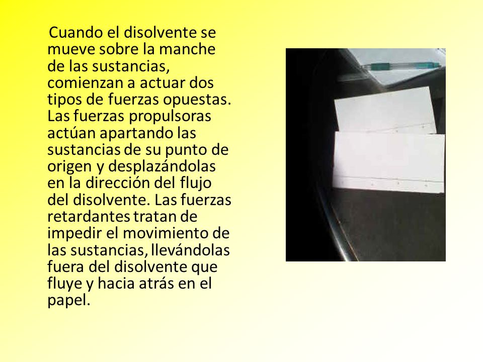 Cuando el disolvente se mueve sobre la manche de las sustancias, comienzan a actuar dos tipos de fuerzas opuestas.