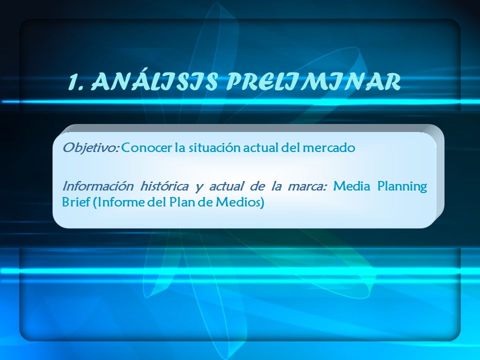 1. ANÁLISIS PRELIMINAR Objetivo: Conocer la situación actual del mercado.