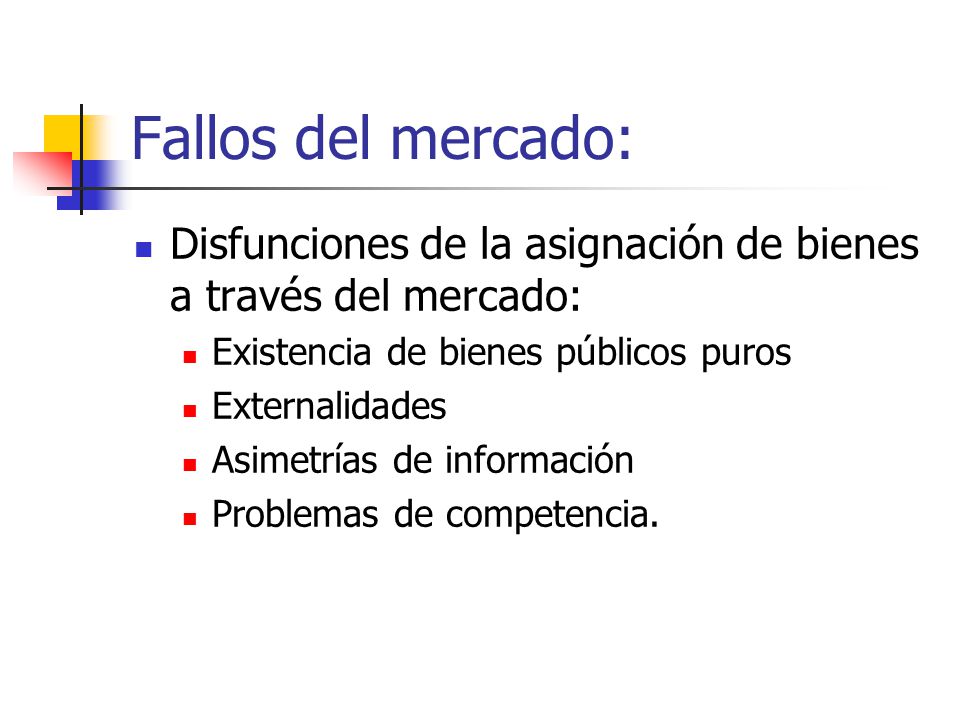 Fallos del mercado: Disfunciones de la asignación de bienes a través del mercado: Existencia de bienes públicos puros.