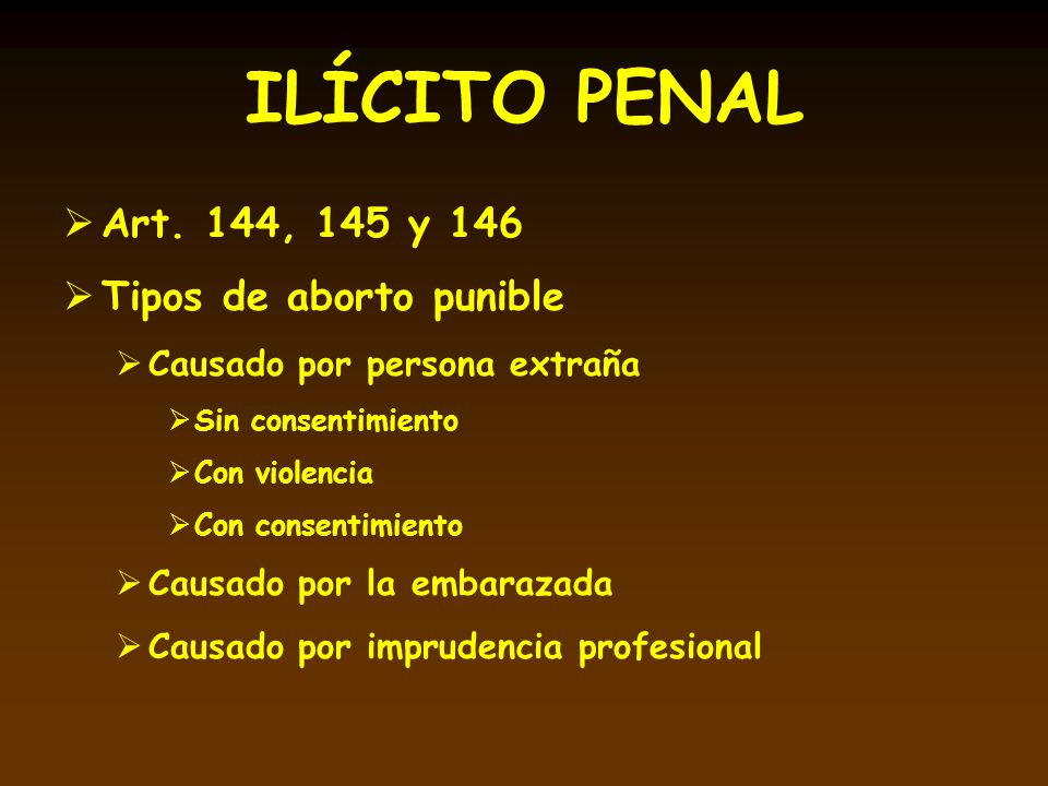 ILÍCITO PENAL Art. 144, 145 y 146 Tipos de aborto punible