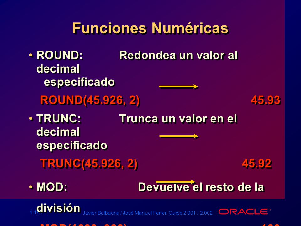 Funciones Numéricas ROUND: Redondea un valor al decimal especificado