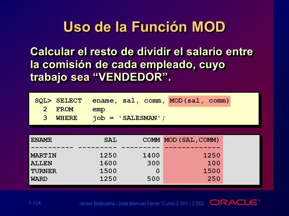 Uso de la Función MOD Calcular el resto de dividir el salario entre la comisión de cada empleado, cuyo trabajo sea VENDEDOR .