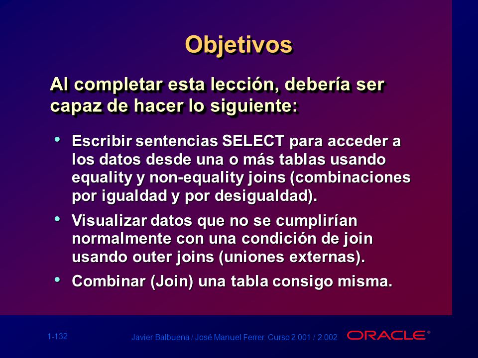 Objetivos Al completar esta lección, debería ser capaz de hacer lo siguiente: