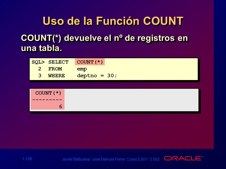 Uso de la Función COUNT COUNT(*) devuelve el nº de registros en una tabla. SQL> SELECT COUNT(*) 2 FROM emp.