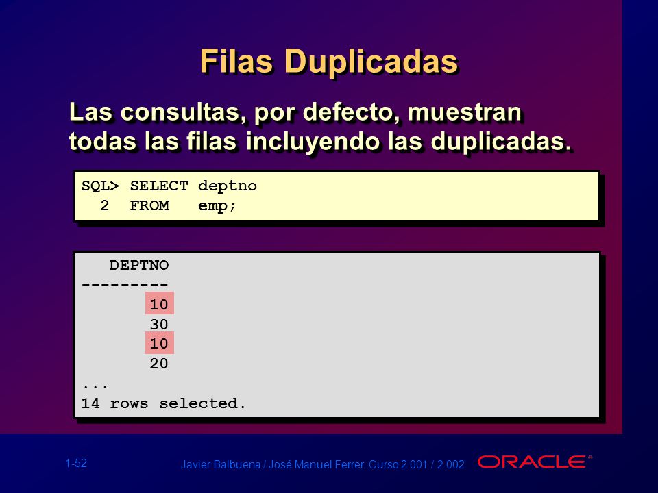 Filas Duplicadas Las consultas, por defecto, muestran todas las filas incluyendo las duplicadas. SQL> SELECT deptno.