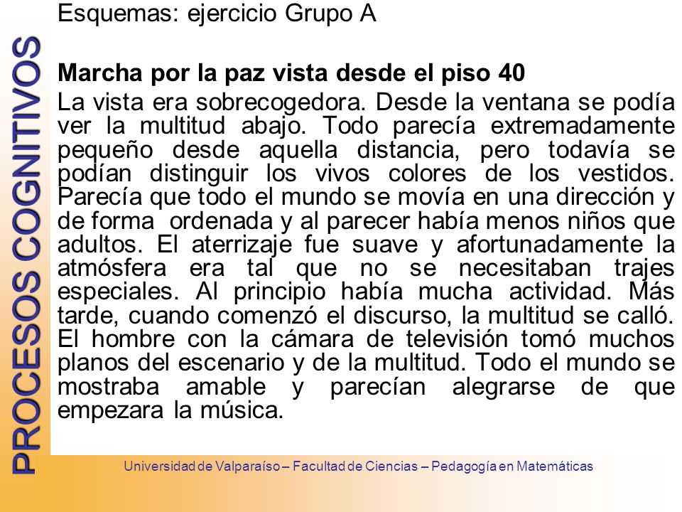 Esquemas: ejercicio Grupo A Marcha por la paz vista desde el piso 40 La vista era sobrecogedora. Desde la ventana se podía ver la multitud abajo. Todo parecía extremadamente pequeño desde aquella distancia, pero todavía se podían distinguir los vivos colores de los vestidos. Parecía que todo el mundo se movía en una dirección y de forma ordenada y al parecer había menos niños que adultos. El aterrizaje fue suave y afortunadamente la atmósfera era tal que no se necesitaban trajes especiales. Al principio había mucha actividad. Más tarde, cuando comenzó el discurso, la multitud se calló. El hombre con la cámara de televisión tomó muchos planos del escenario y de la multitud. Todo el mundo se mostraba amable y parecían alegrarse de que empezara la música.
