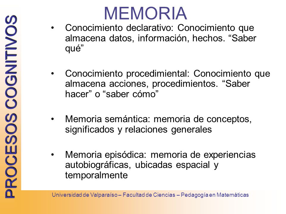 MEMORIA Conocimiento declarativo: Conocimiento que almacena datos, información, hechos. Saber qué