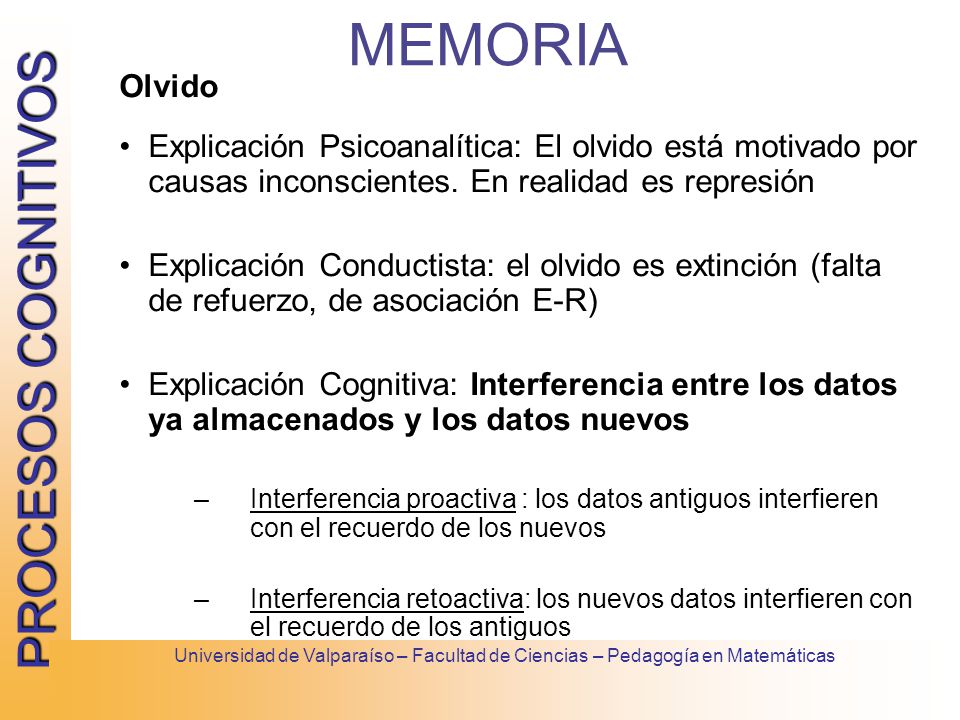 MEMORIA Olvido. Explicación Psicoanalítica: El olvido está motivado por causas inconscientes. En realidad es represión.