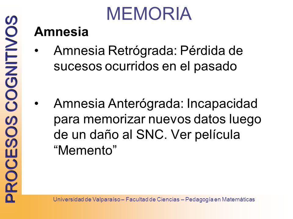 MEMORIA Amnesia. Amnesia Retrógrada: Pérdida de sucesos ocurridos en el pasado.
