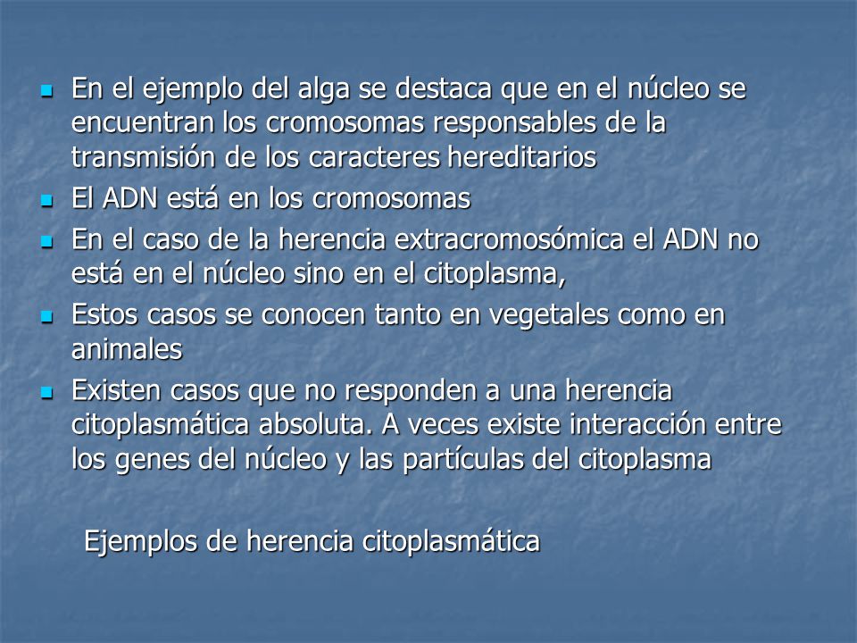 En el ejemplo del alga se destaca que en el núcleo se encuentran los cromosomas responsables de la transmisión de los caracteres hereditarios