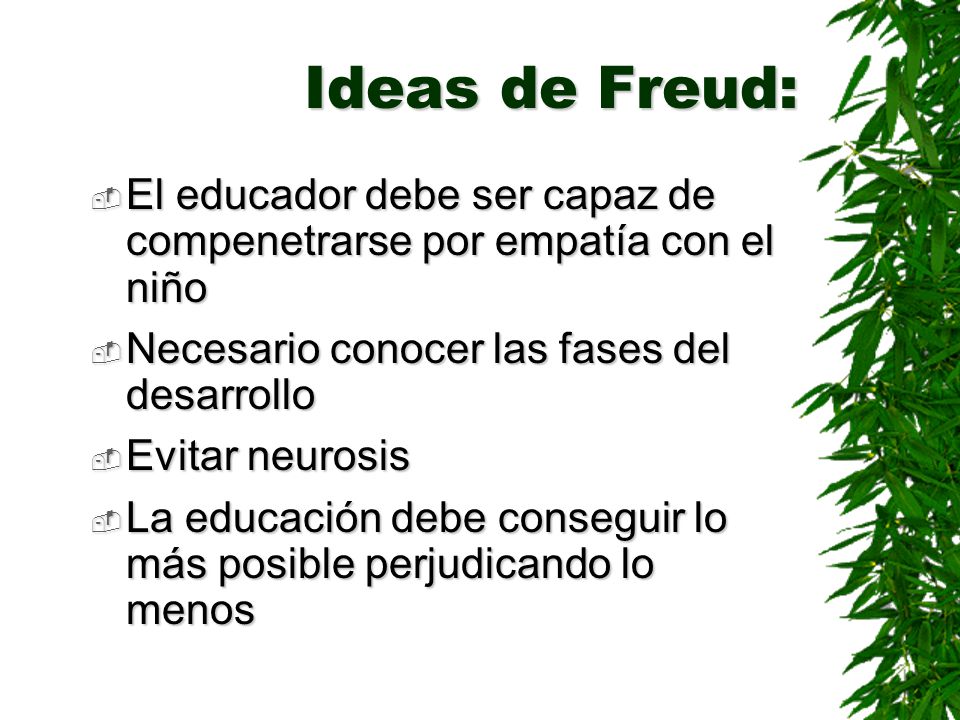 Ideas de Freud: El educador debe ser capaz de compenetrarse por empatía con el niño. Necesario conocer las fases del desarrollo.