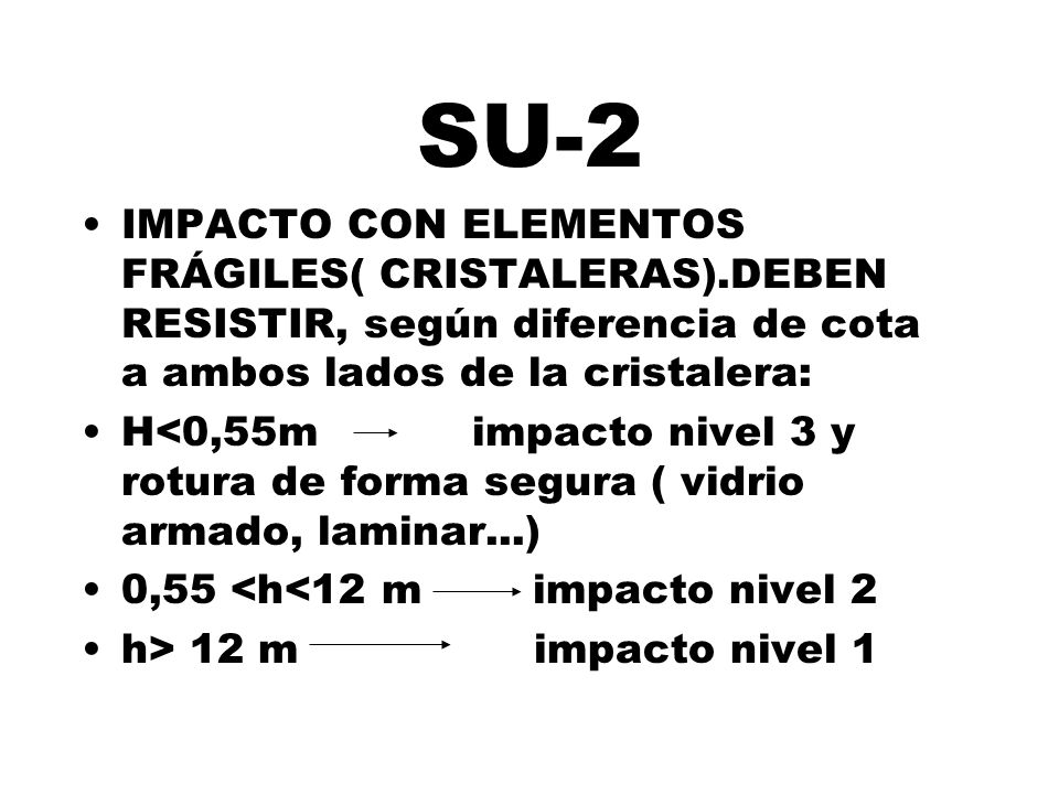 SU-2 IMPACTO CON ELEMENTOS FRÁGILES( CRISTALERAS).DEBEN RESISTIR, según diferencia de cota a ambos lados de la cristalera: