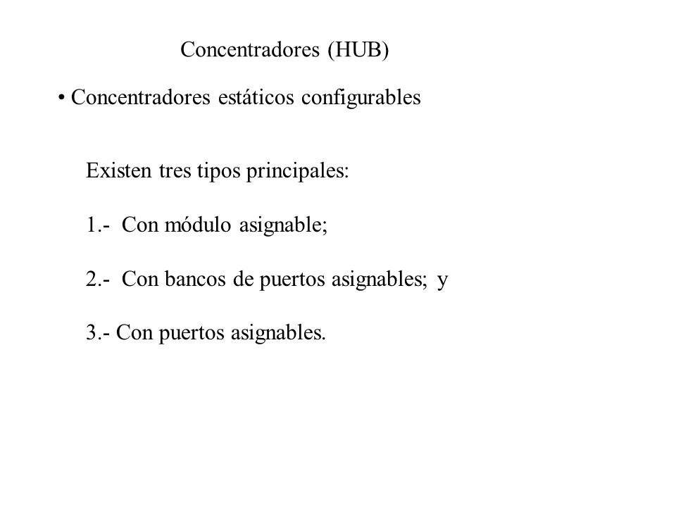 Concentradores (HUB) Concentradores estáticos configurables. Existen tres tipos principales: 1.- Con módulo asignable;