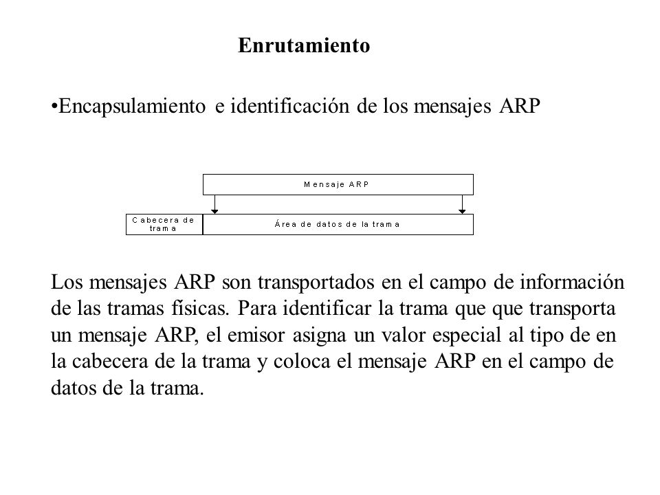 Enrutamiento Encapsulamiento e identificación de los mensajes ARP. Los mensajes ARP son transportados en el campo de información.