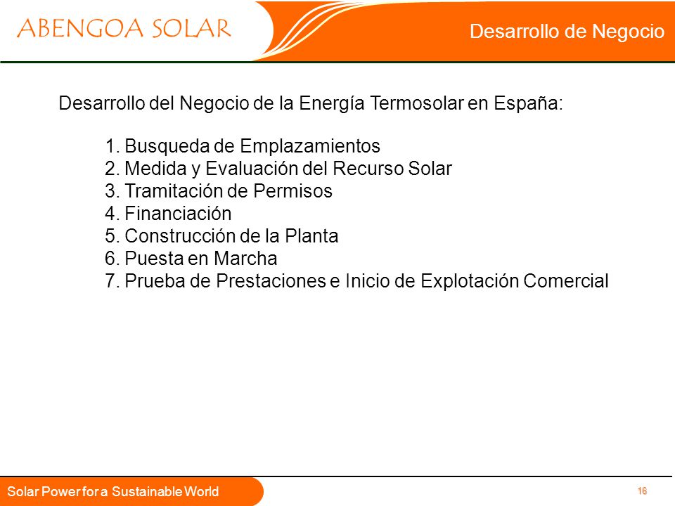 Desarrollo de Negocio Desarrollo del Negocio de la Energía Termosolar en España: Busqueda de Emplazamientos.