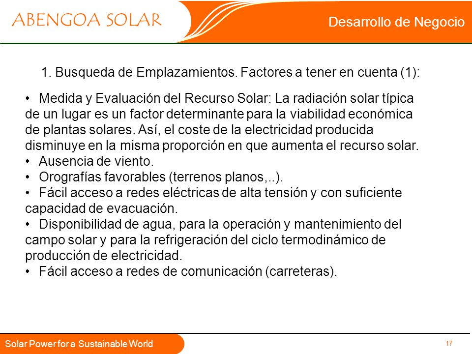 Desarrollo de Negocio 1. Busqueda de Emplazamientos. Factores a tener en cuenta (1):
