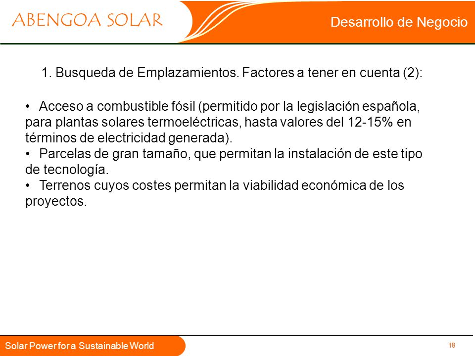 Desarrollo de Negocio 1. Busqueda de Emplazamientos. Factores a tener en cuenta (2):