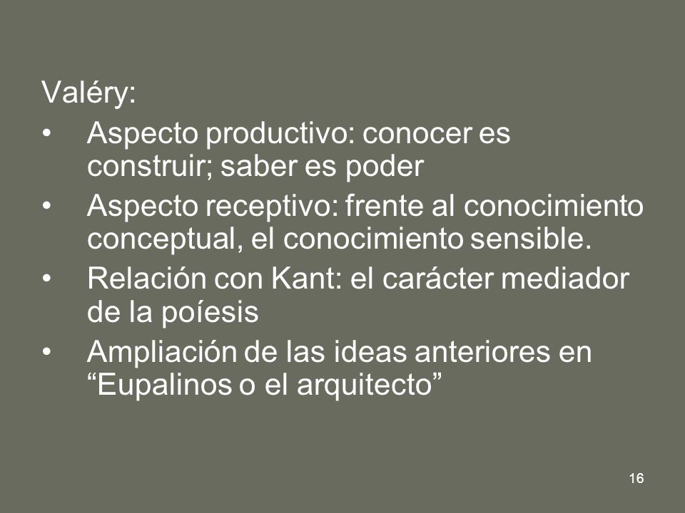 Valéry: Aspecto productivo: conocer es construir; saber es poder. Aspecto receptivo: frente al conocimiento conceptual, el conocimiento sensible.