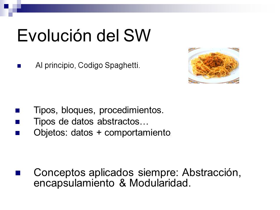 Evolución del SW Al principio, Codigo Spaghetti. Tipos, bloques, procedimientos. Tipos de datos abstractos…