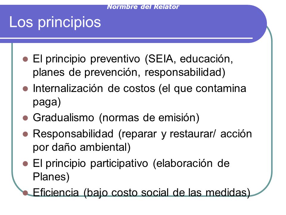 Normbre del Relator Los principios. El principio preventivo (SEIA, educación, planes de prevención, responsabilidad)