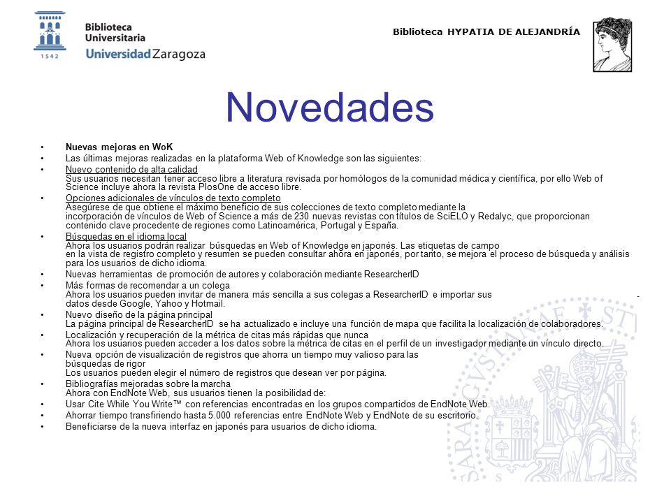 Novedades Biblioteca HYPATIA DE ALEJANDRÍA Nuevas mejoras en WoK