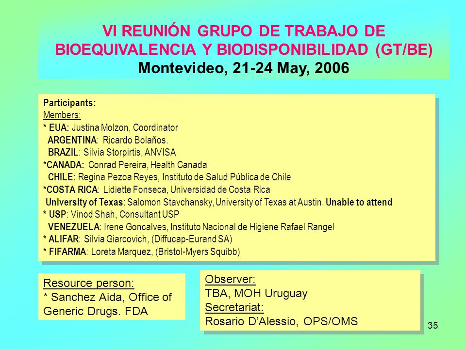 VI REUNIÓN GRUPO DE TRABAJO DE BIOEQUIVALENCIA Y BIODISPONIBILIDAD (GT/BE)