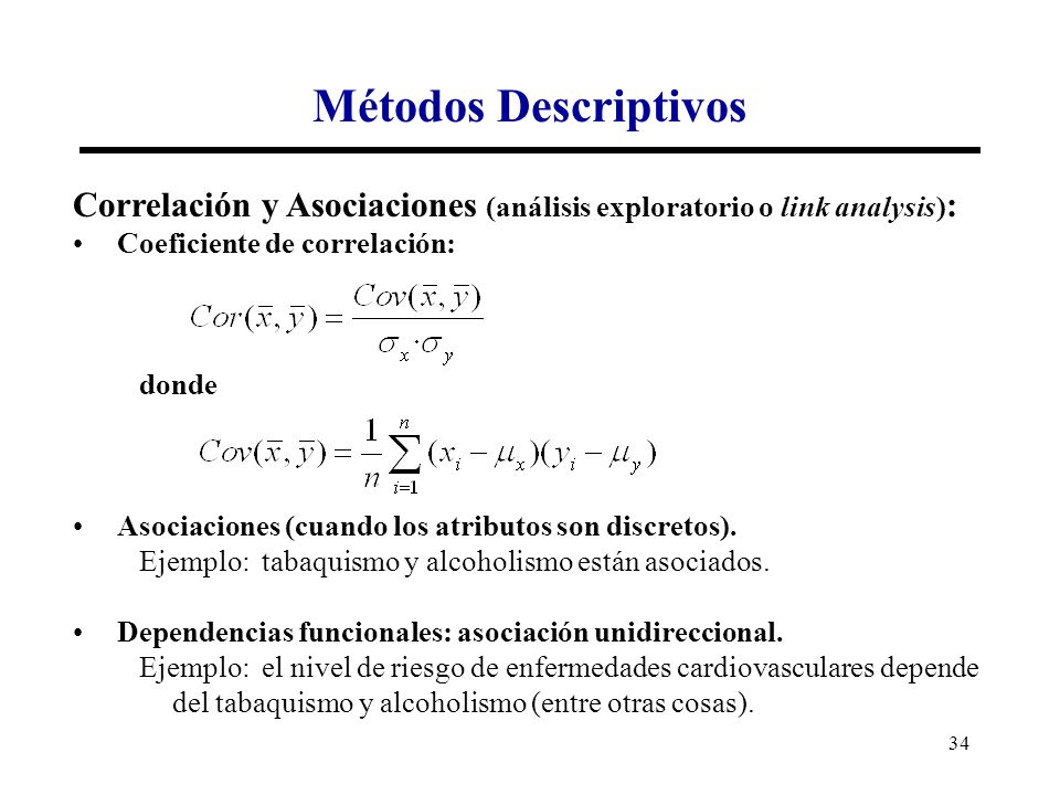 Métodos Descriptivos Correlación y Asociaciones (análisis exploratorio o link analysis): Coeficiente de correlación: