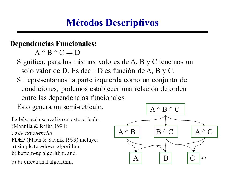 Métodos Descriptivos Dependencias Funcionales: A ^ B ^ C  D