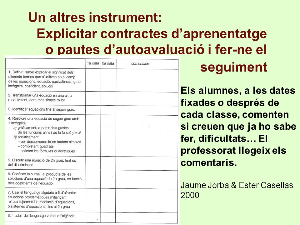 Un altres instrument: Explicitar contractes d’aprenentatge o pautes d’autoavaluació i fer-ne el seguiment.