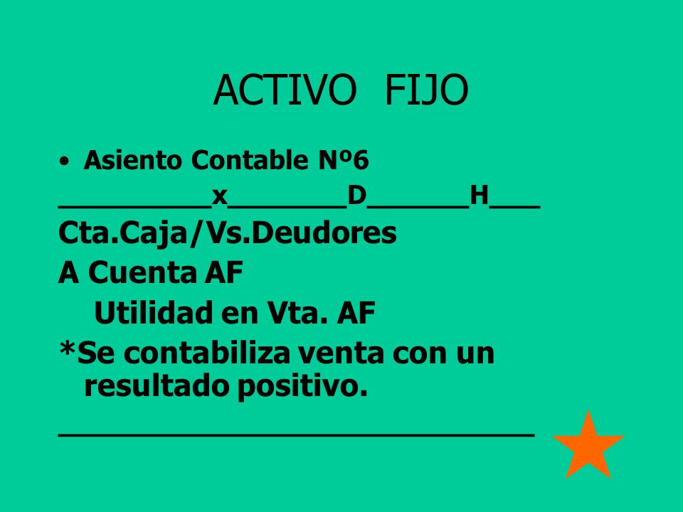 ACTIVO FIJO Cta.Caja/Vs.Deudores A Cuenta AF Utilidad en Vta. AF