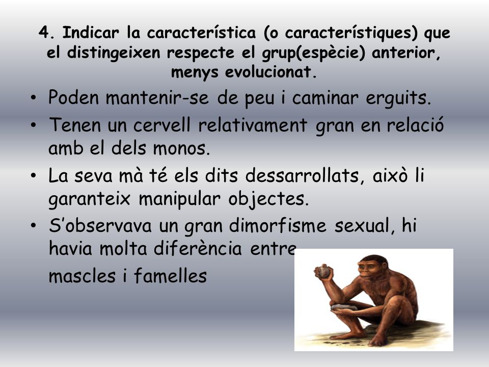 4. Indicar la característica (o característiques) que el distingeixen respecte el grup(espècie) anterior, menys evolucionat.
