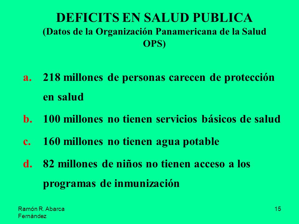 DEFICITS EN SALUD PUBLICA (Datos de la Organización Panamericana de la Salud OPS)