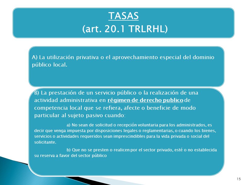 TASAS (art TRLRHL) A) La utilización privativa o el aprovechamiento especial del dominio público local.