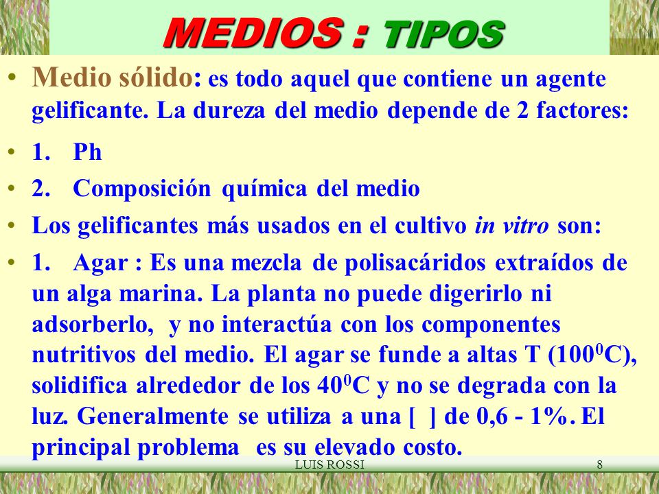 MEDIOS : TIPOS Medio sólido: es todo aquel que contiene un agente gelificante. La dureza del medio depende de 2 factores: