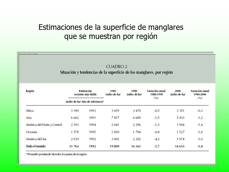 Estimaciones de la superficie de manglares que se muestran por región