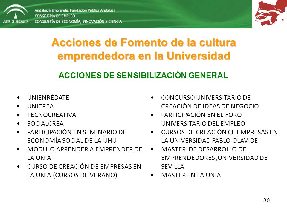 Acciones de Fomento de la cultura emprendedora en la Universidad