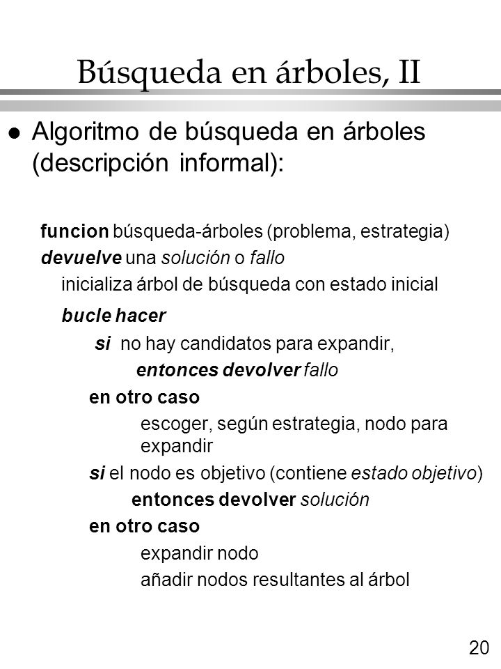 Búsqueda en árboles, II Algoritmo de búsqueda en árboles (descripción informal): funcion búsqueda-árboles (problema, estrategia)