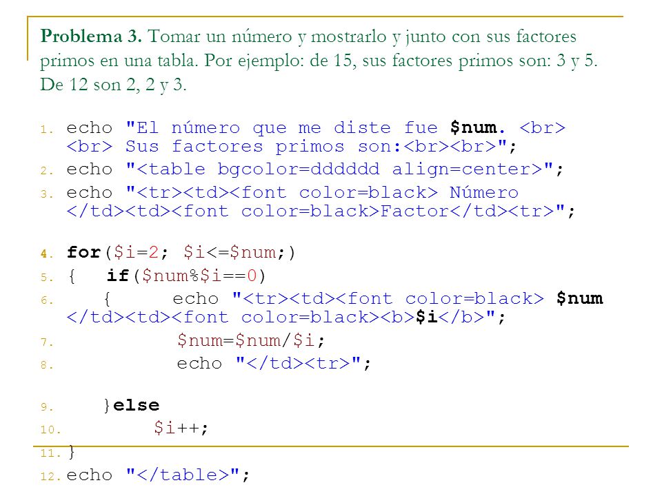 Problema 3. Tomar un número y mostrarlo y junto con sus factores primos en una tabla. Por ejemplo: de 15, sus factores primos son: 3 y 5. De 12 son 2, 2 y 3.
