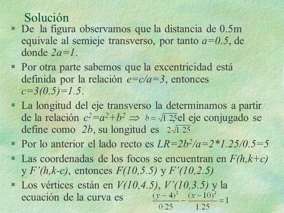 Solución De la figura observamos que la distancia de 0.5m equivale al semieje transverso, por tanto a=0.5, de donde 2a=1.