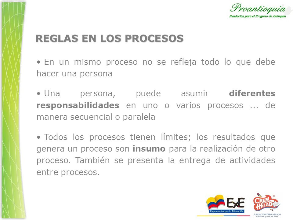 REGLAS EN LOS PROCESOS En un mismo proceso no se refleja todo lo que debe hacer una persona.