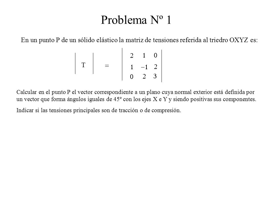 Problema Nº 1 En un punto P de un sólido elástico la matriz de tensiones referida al triedro OXYZ es: