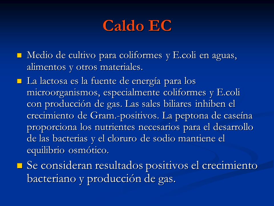 Caldo EC Medio de cultivo para coliformes y E.coli en aguas, alimentos y otros materiales.