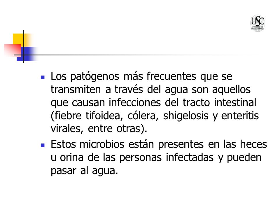 Los patógenos más frecuentes que se transmiten a través del agua son aquellos que causan infecciones del tracto intestinal (fiebre tifoidea, cólera, shigelosis y enteritis virales, entre otras).