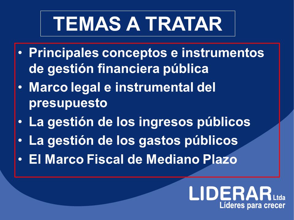 TEMAS A TRATAR Principales conceptos e instrumentos de gestión financiera pública. Marco legal e instrumental del presupuesto.