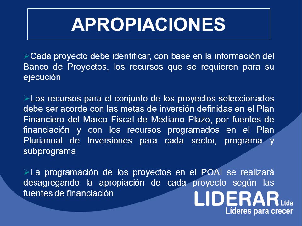 APROPIACIONES Cada proyecto debe identificar, con base en la información del Banco de Proyectos, los recursos que se requieren para su ejecución.