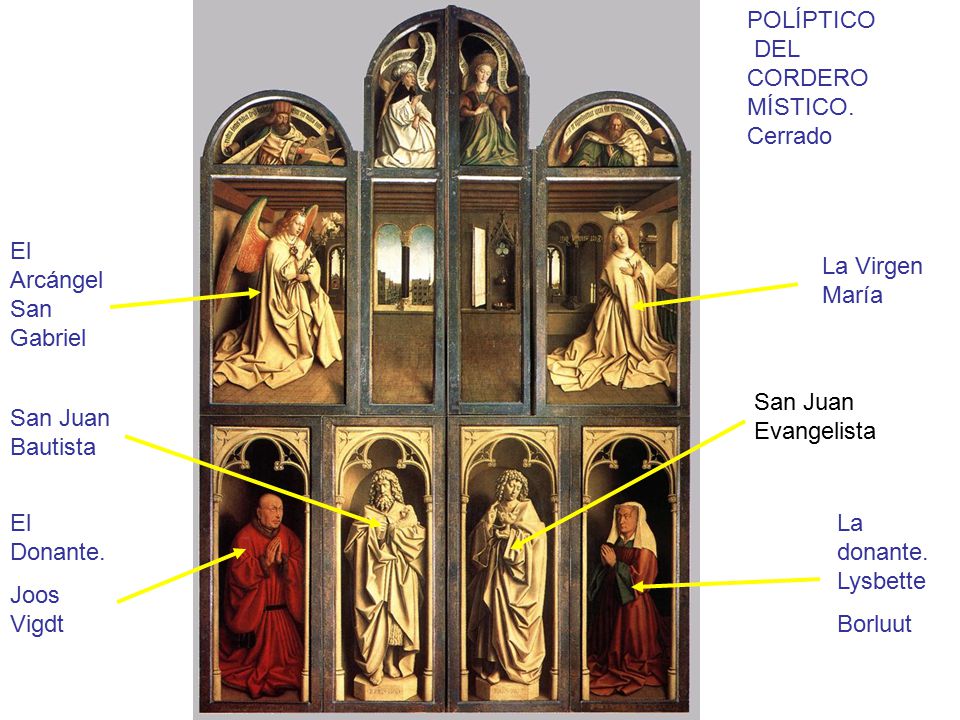 POLÍPTICO DEL. CORDERO. MÍSTICO. Cerrado. El Arcángel San Gabriel. La Virgen María. San Juan Evangelista.